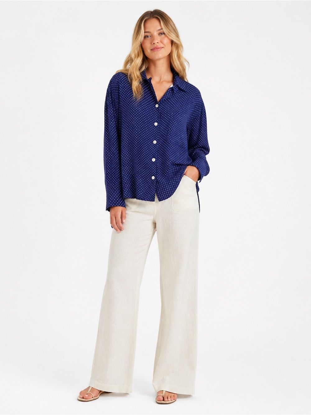 Esprit Essentials Blue White Polka Dot Button Front Blouse M Coastal Chic Preppy